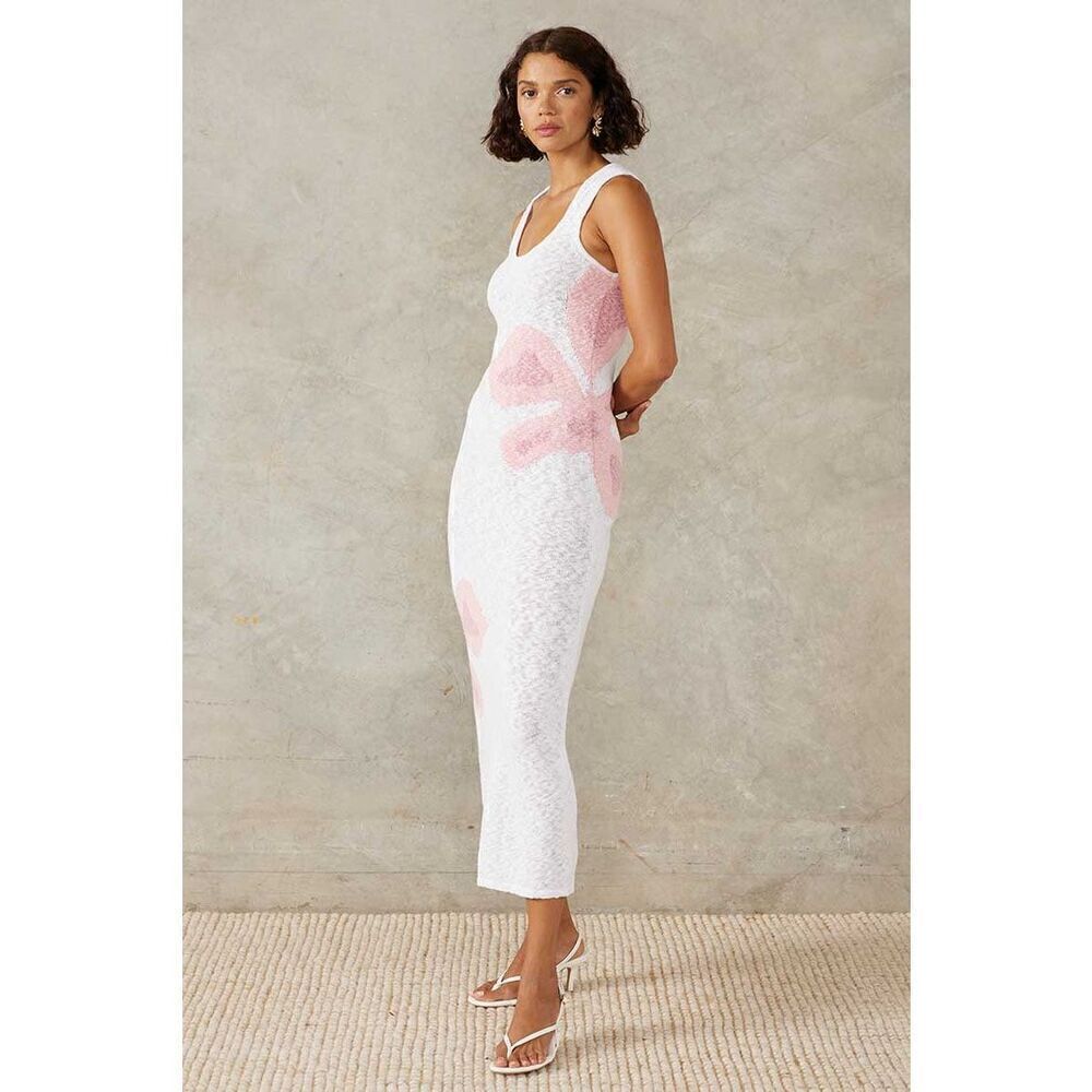 MON RENN BLOOM KNIT MIDI DRESS - WHITE / PINK Vacation Dress size S NWT$229